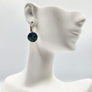 Vintage Silvertone Blue Green Crushed Rhinestone Leverback Earrings Elegant
